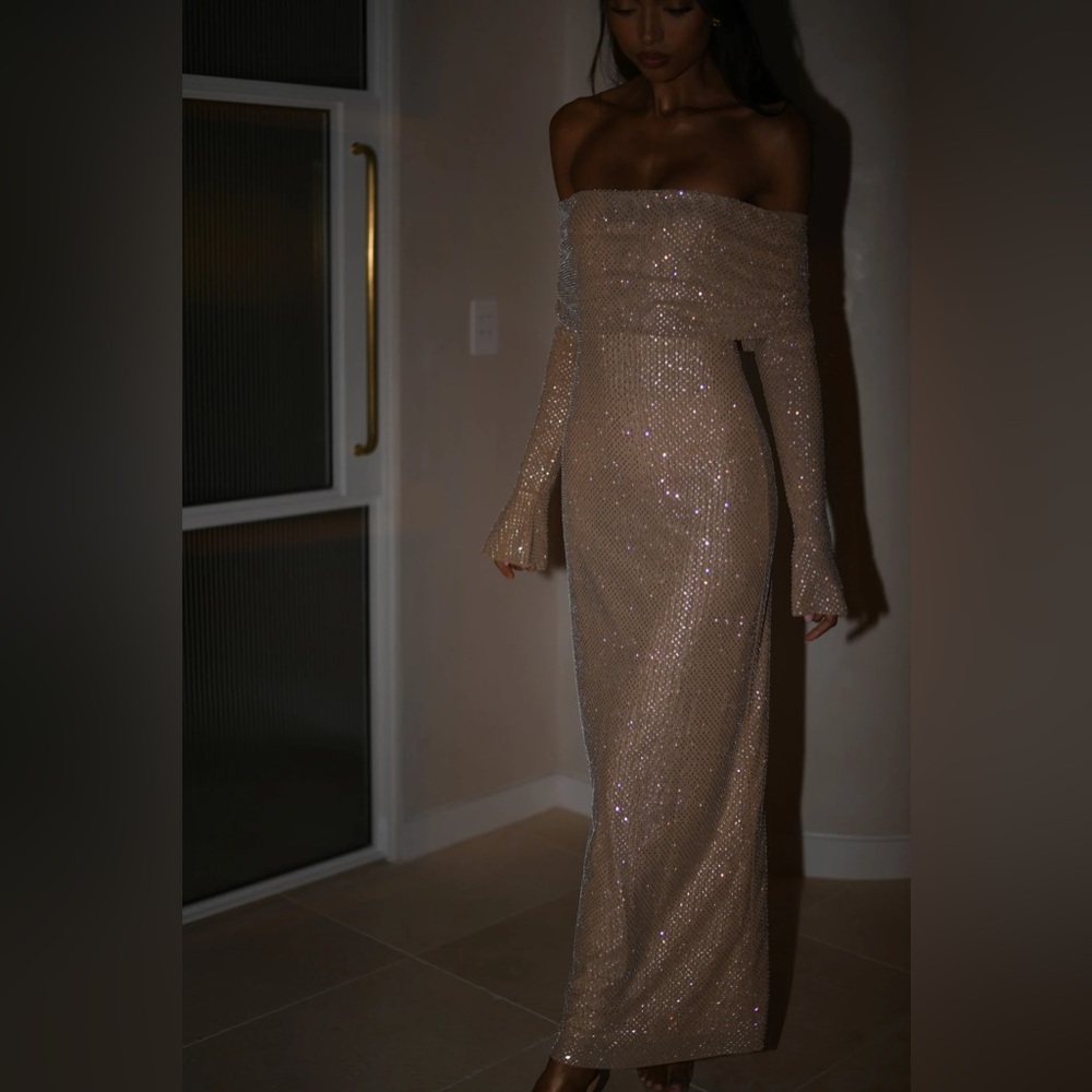 MESHKI Marcel Off Shoulder Diamante Maxi Dress